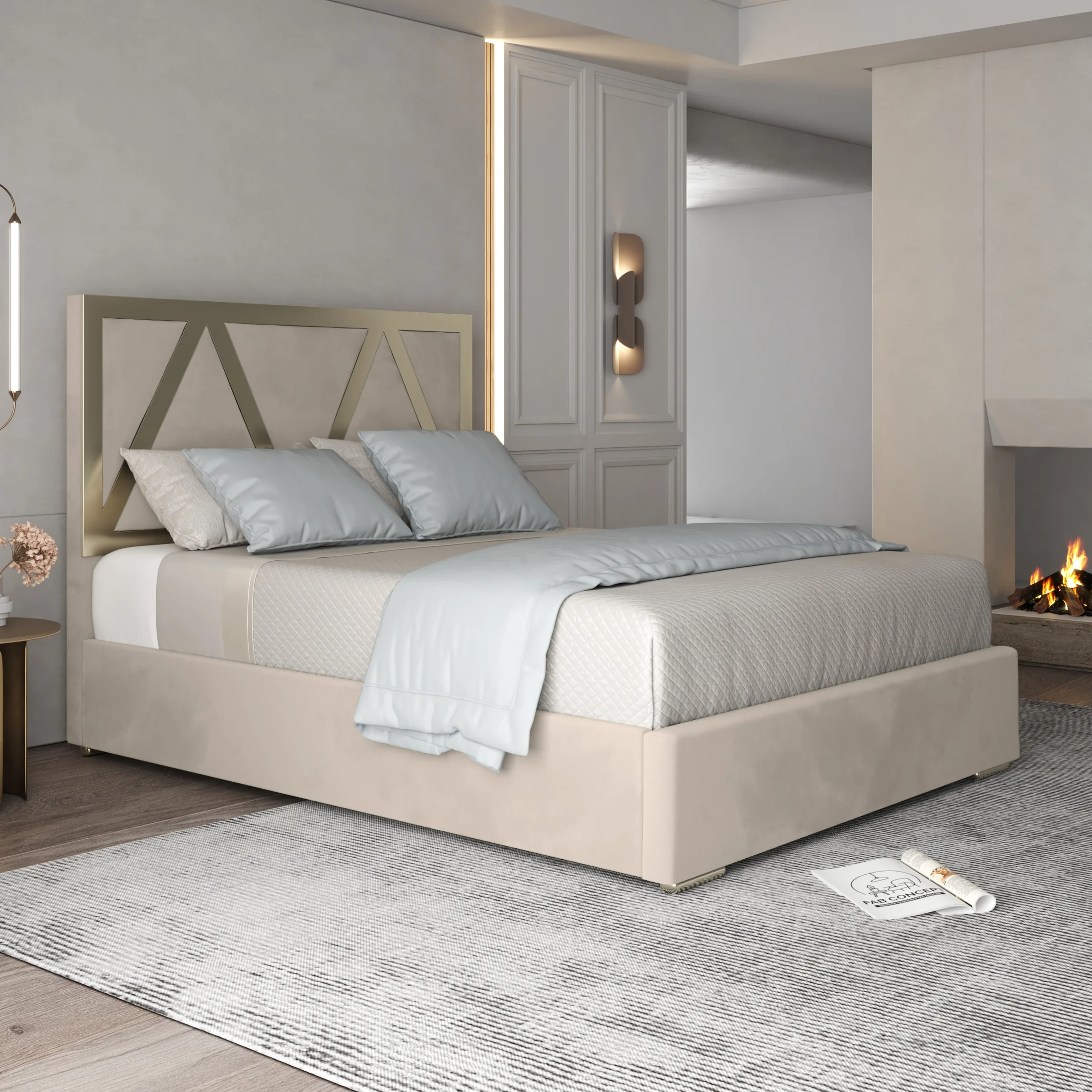 Cream upholstered bed shown from angle in bedroom room set