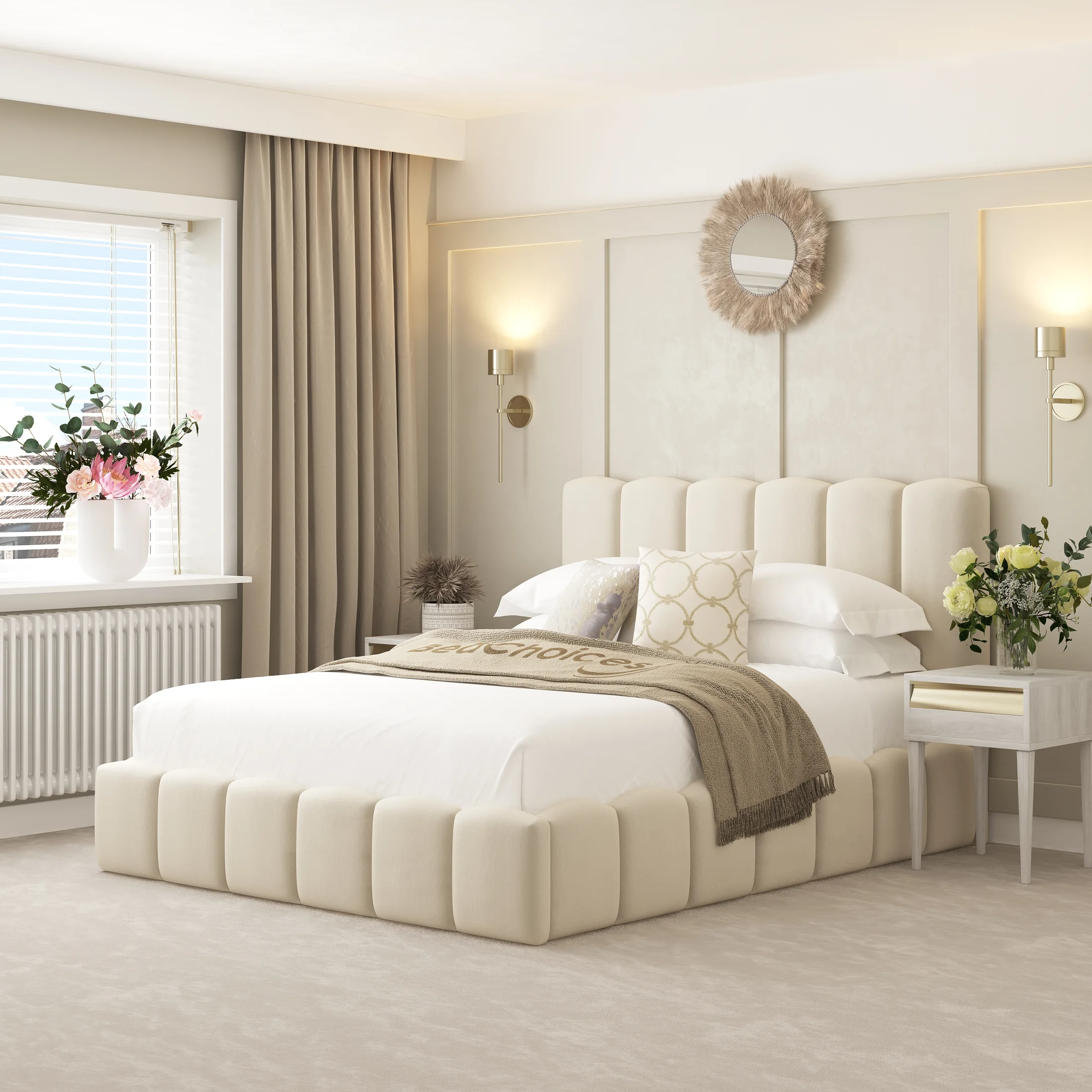 Cream upholstered bed in sunlit room with soft styling