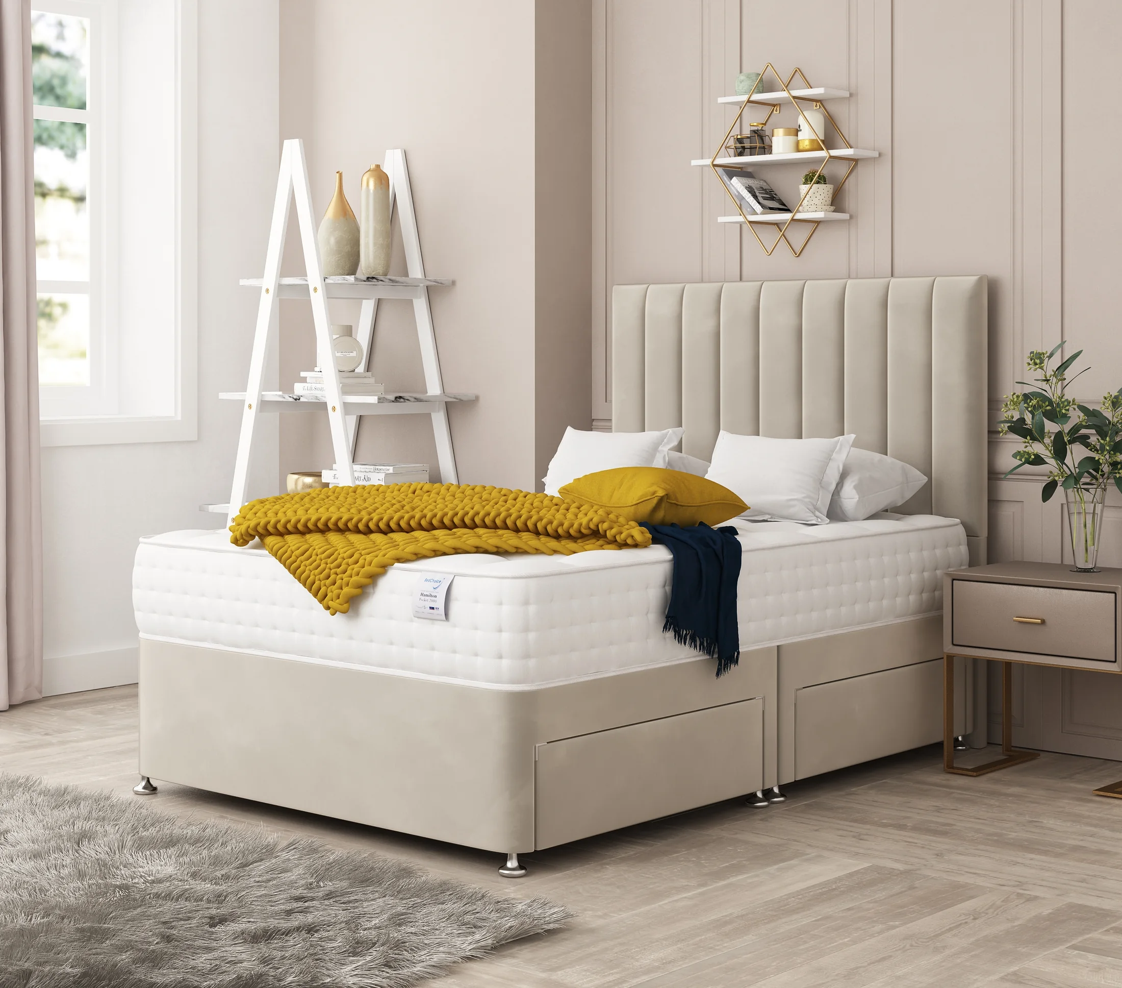 Cream upholstered storage bed in bright bedroom CGI