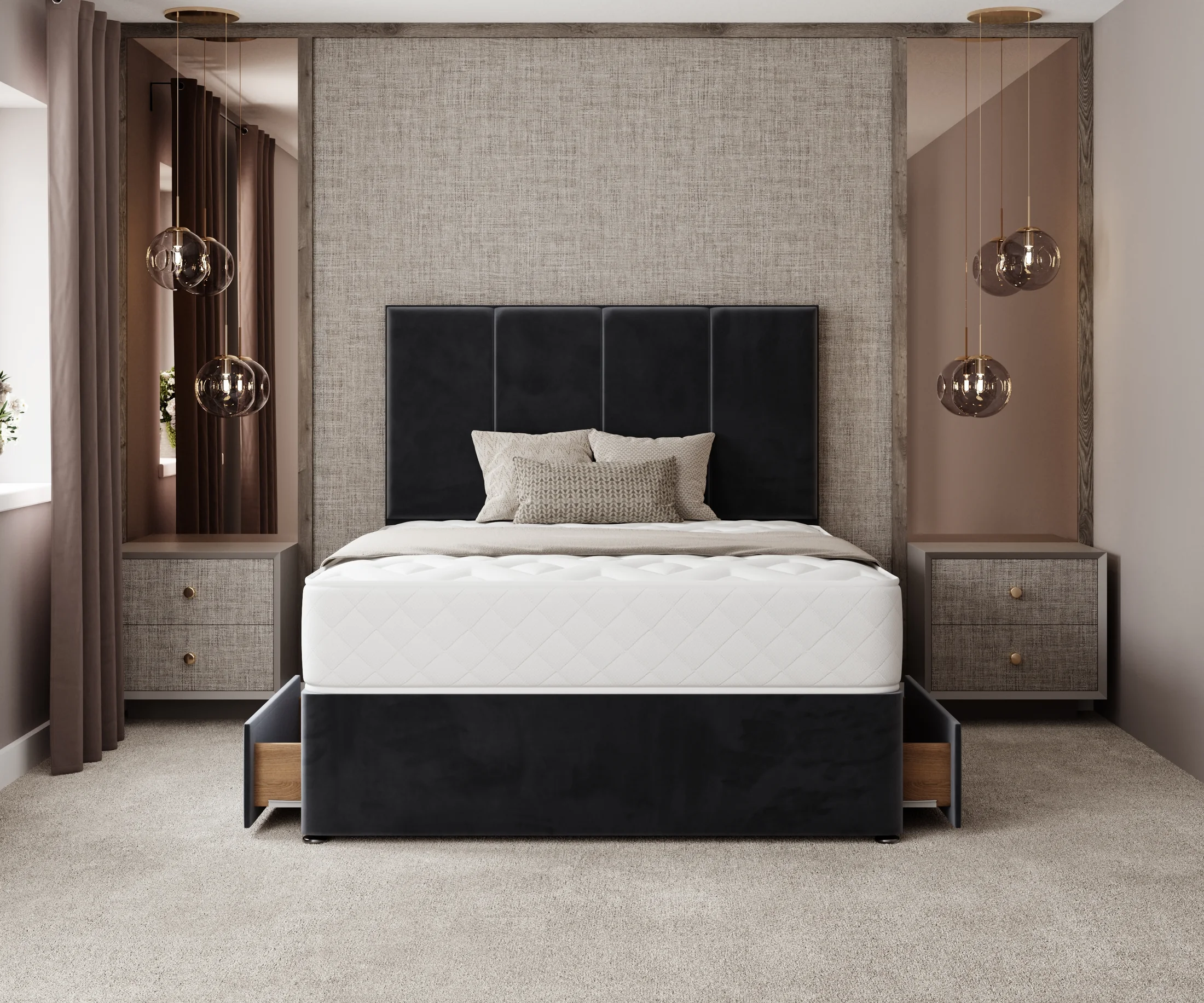 Dark upholstered bed in contemporary bedroom front view