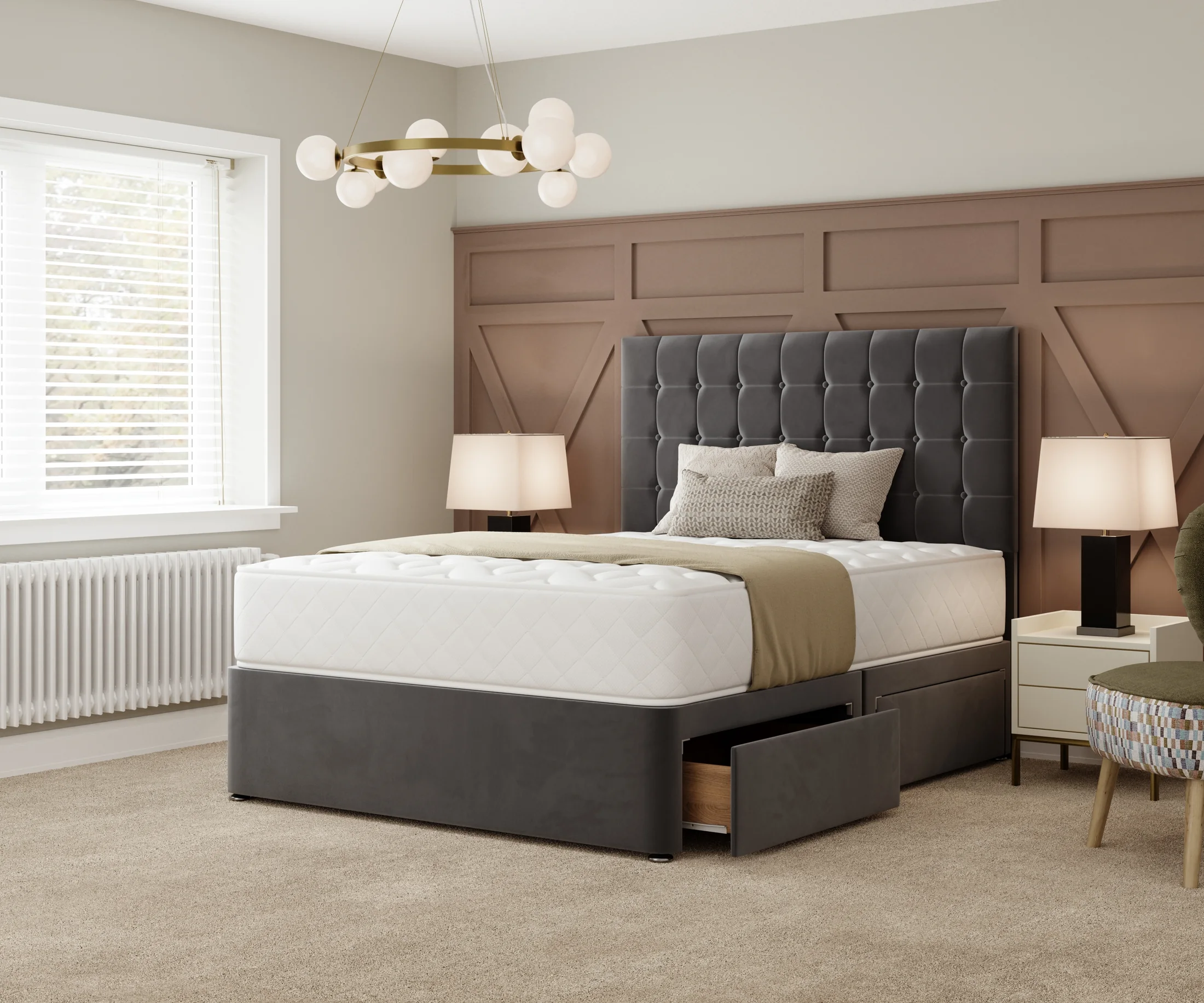 Grey bed side view in bright bedroom CGI