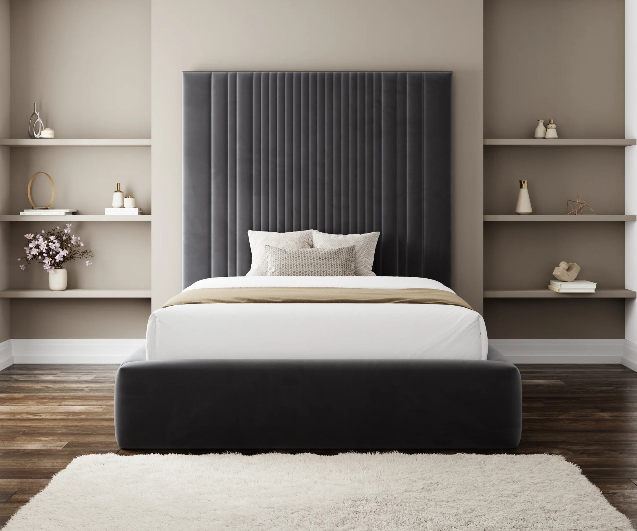 Grey bed with built-in shelves front view CGI