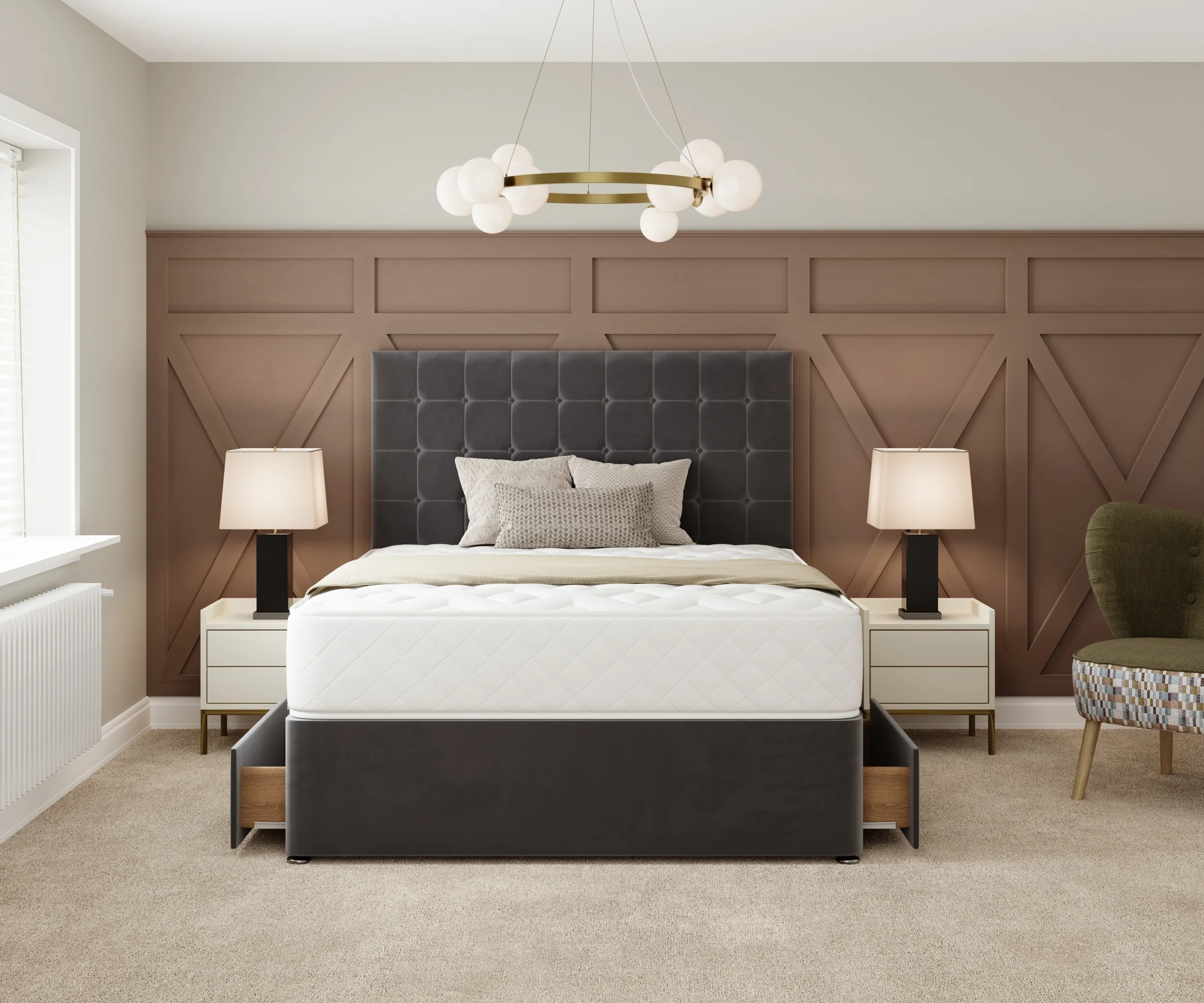 Grey upholstered bed against warm wall paneling