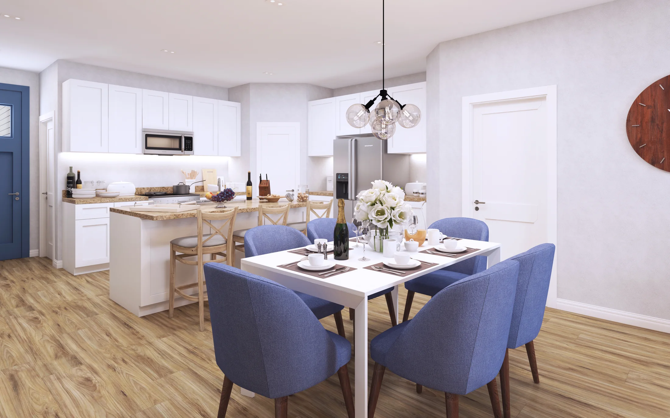 Bright kitchen and dining interior CGI