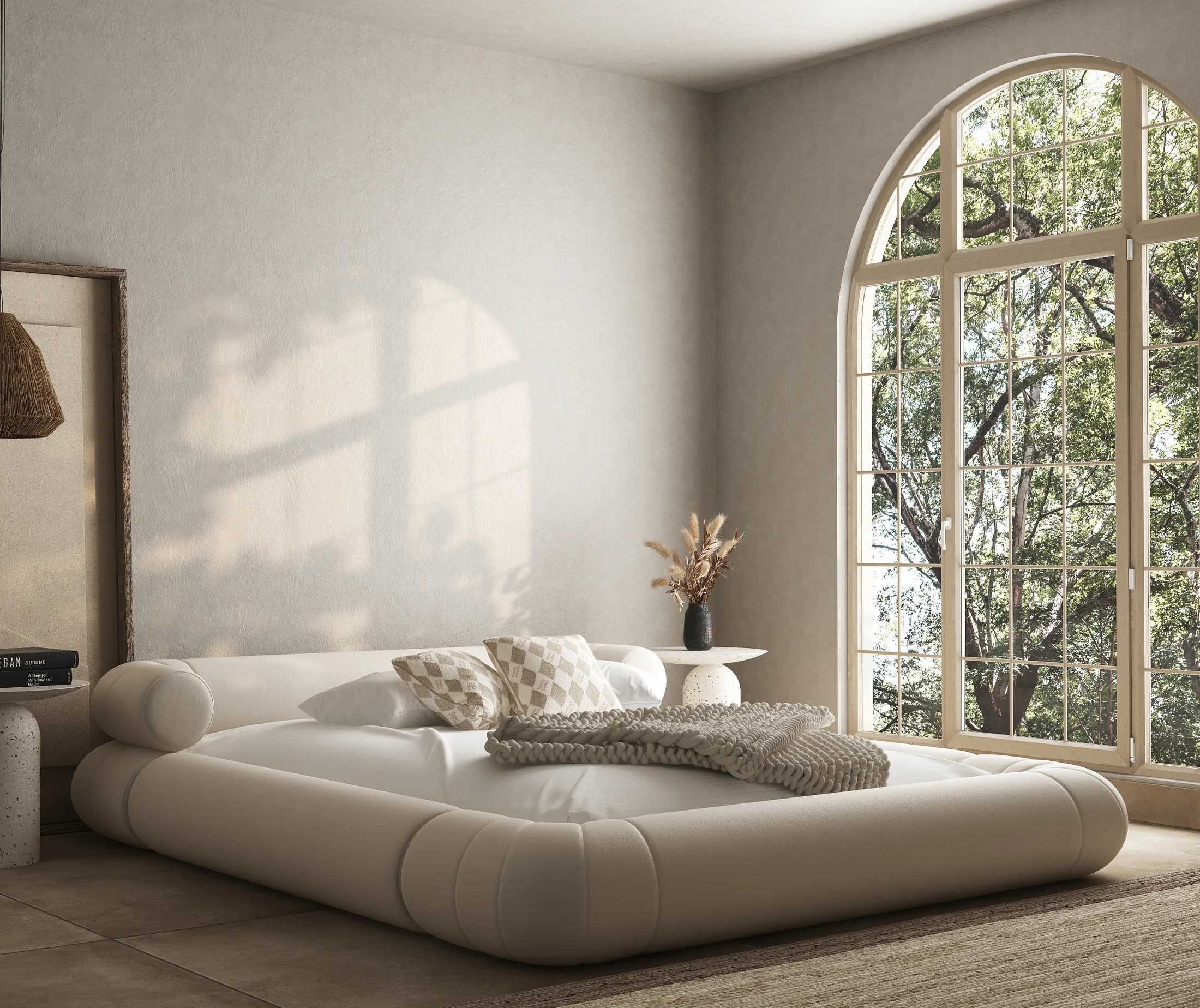 Low-profile cream bed beside large arched window CGI