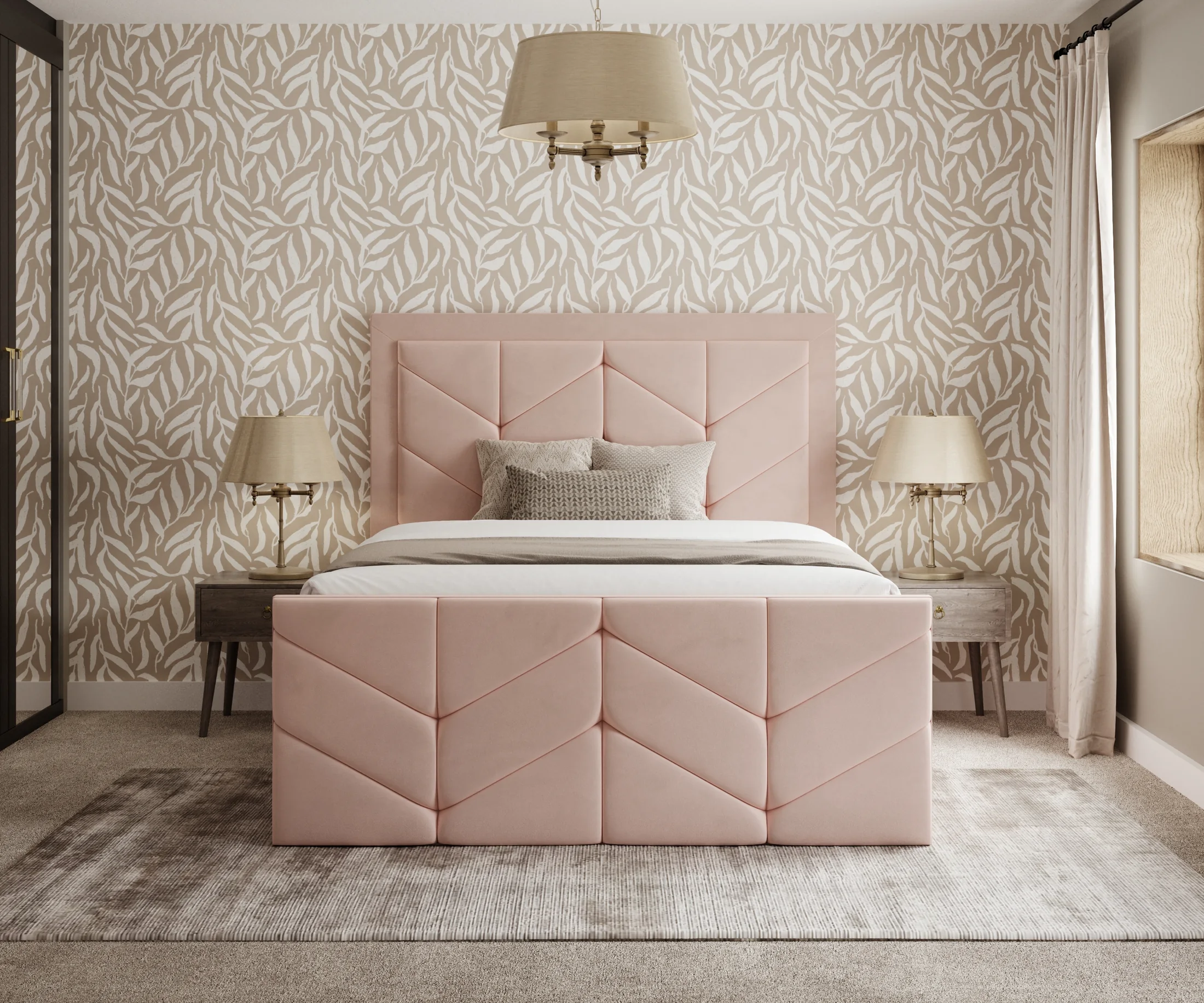 Pink upholstered bed in classic bedroom CGI