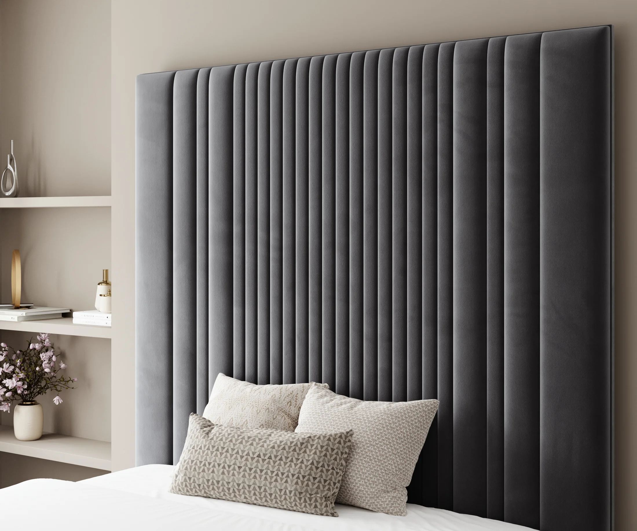 Close-up of tall grey channel headboard CGI