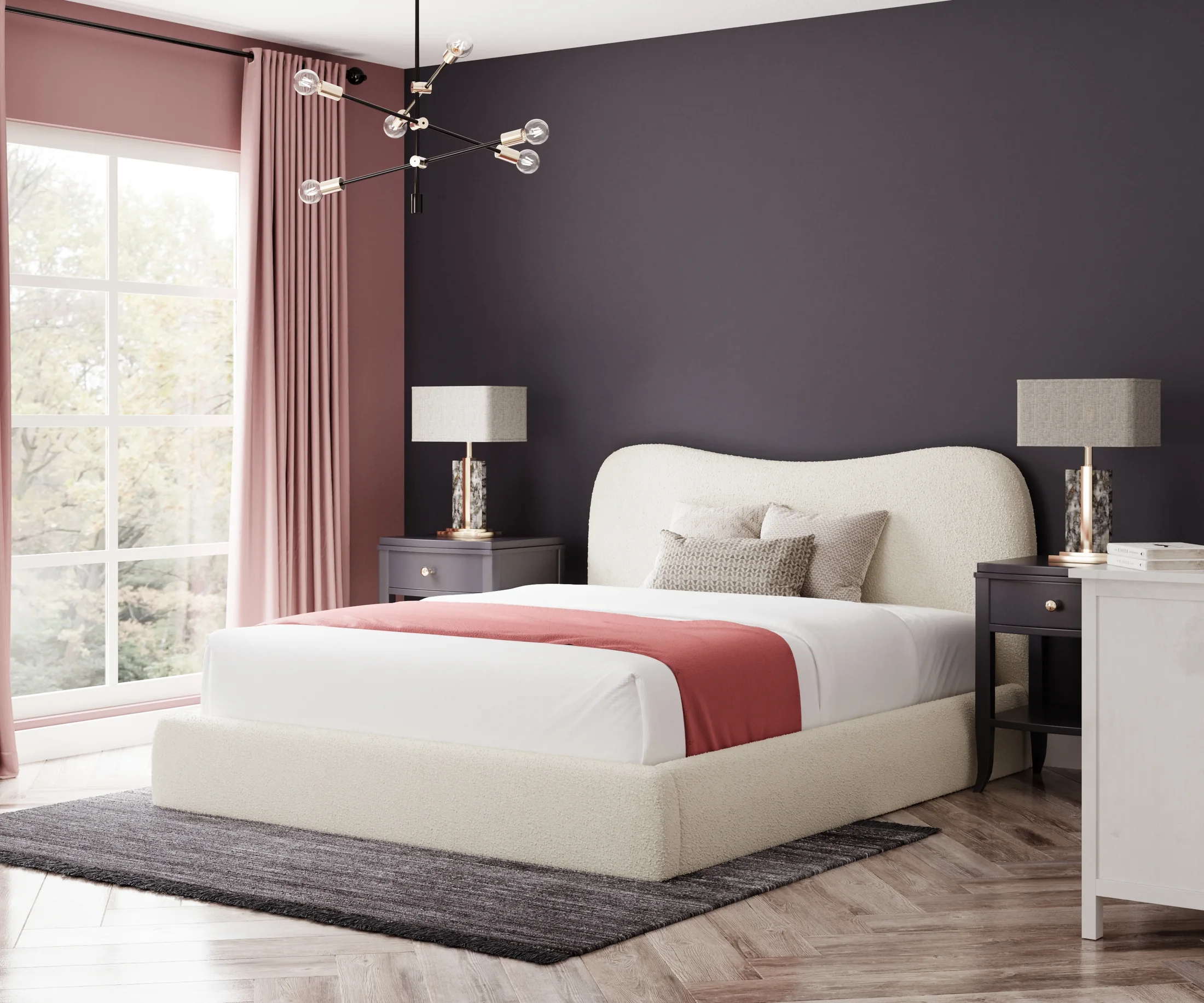 White upholstered bed with dark feature wall side view