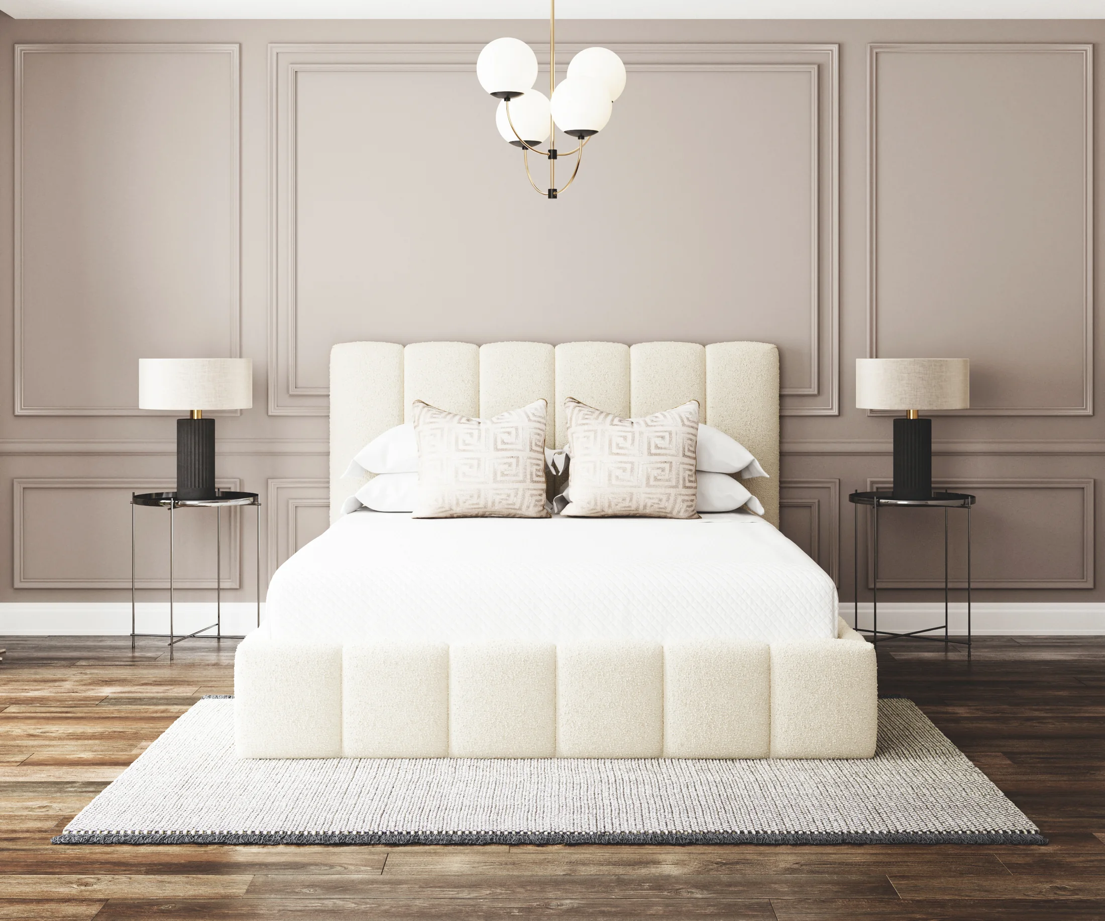 White upholstered bed in minimal bedroom front view