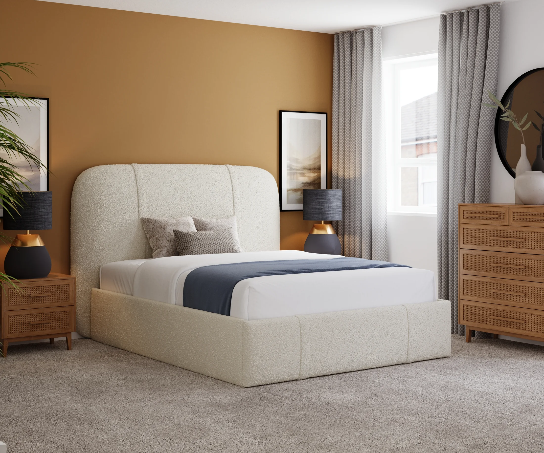 White bed with warm accent wall side view