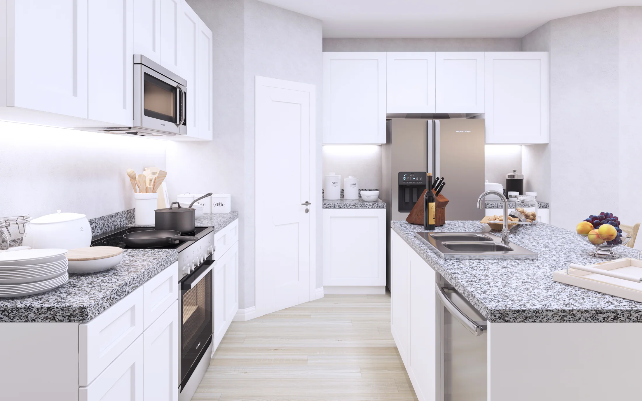 White kitchen interior visualization with island and appliances
